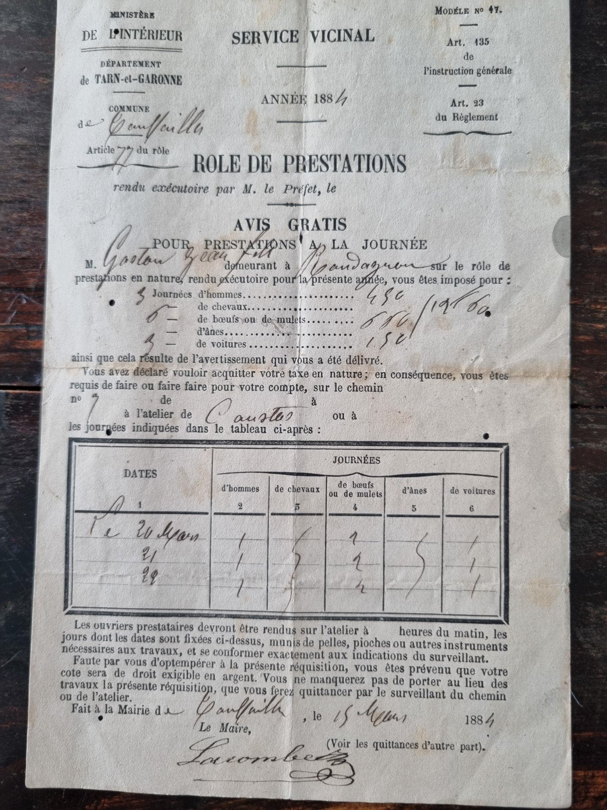 Historisch document Frankrijk 1884 - Role de Prestations, Gelezen, Europa overig, Franse overheid, Ophalen of Verzenden