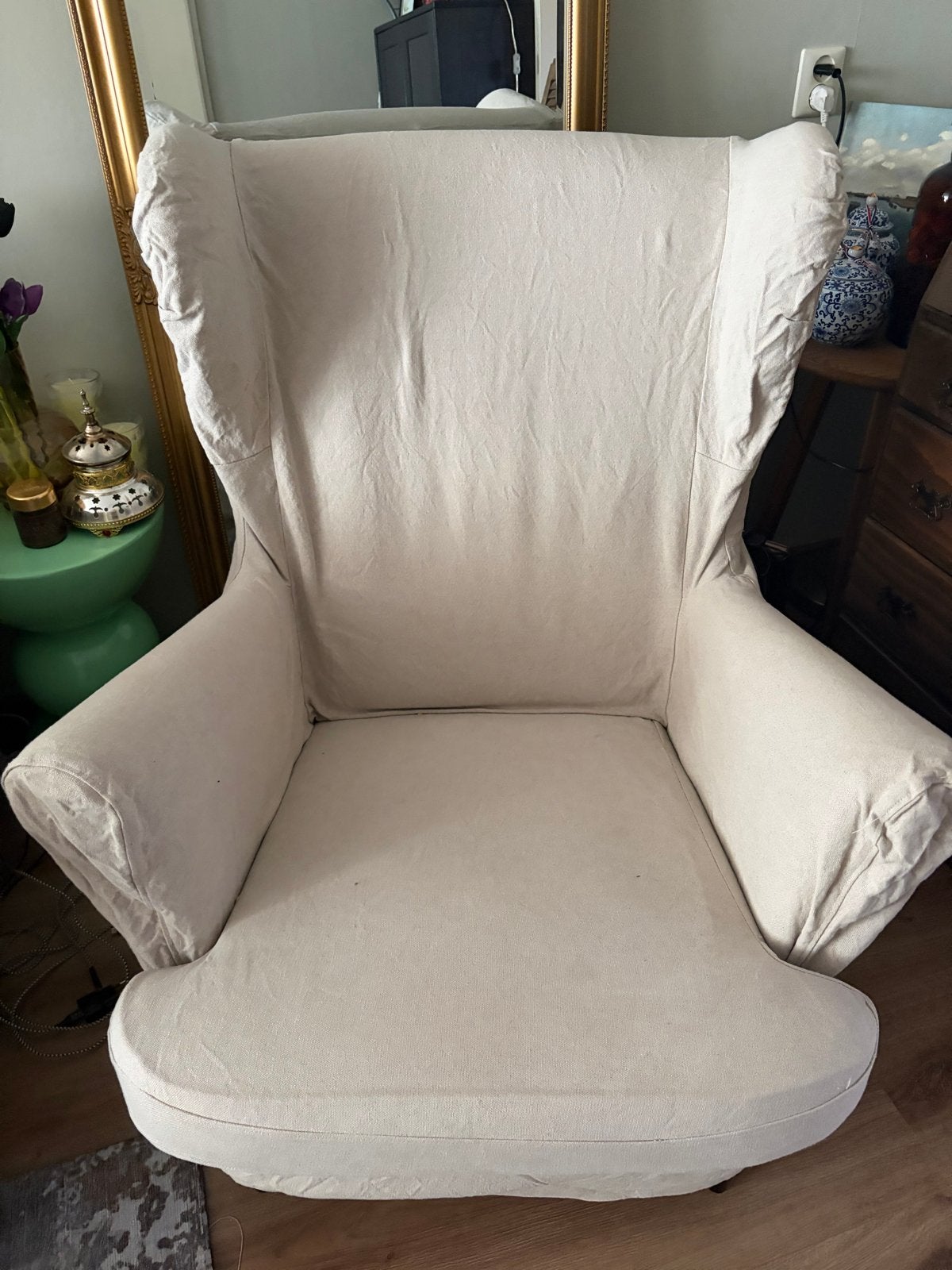 Ikea Strandmon fauteuil met beige hoes (groen velvet eronder, Ophalen, Gebruikt, Stof, 75 tot 100 cm