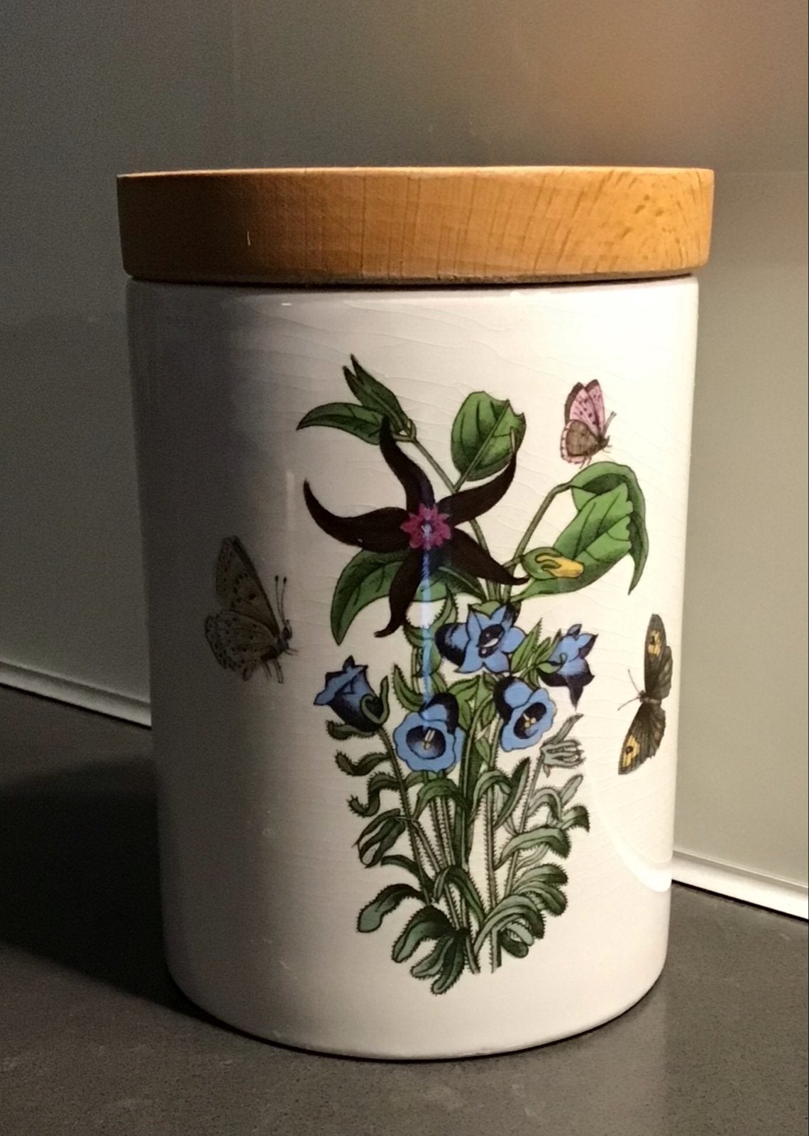 Portmeirion The Botanic Garden Voorraadpot met Houten Deksel, Gebruikt, Ophalen of Verzenden, Klassiek, Wit