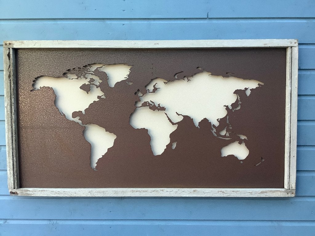 Vintage Wanddecoratie Wereldkaart -cortonstaal, 147 x79 cm, Ophalen, Metaal, Wandsculptuur, 79 cm