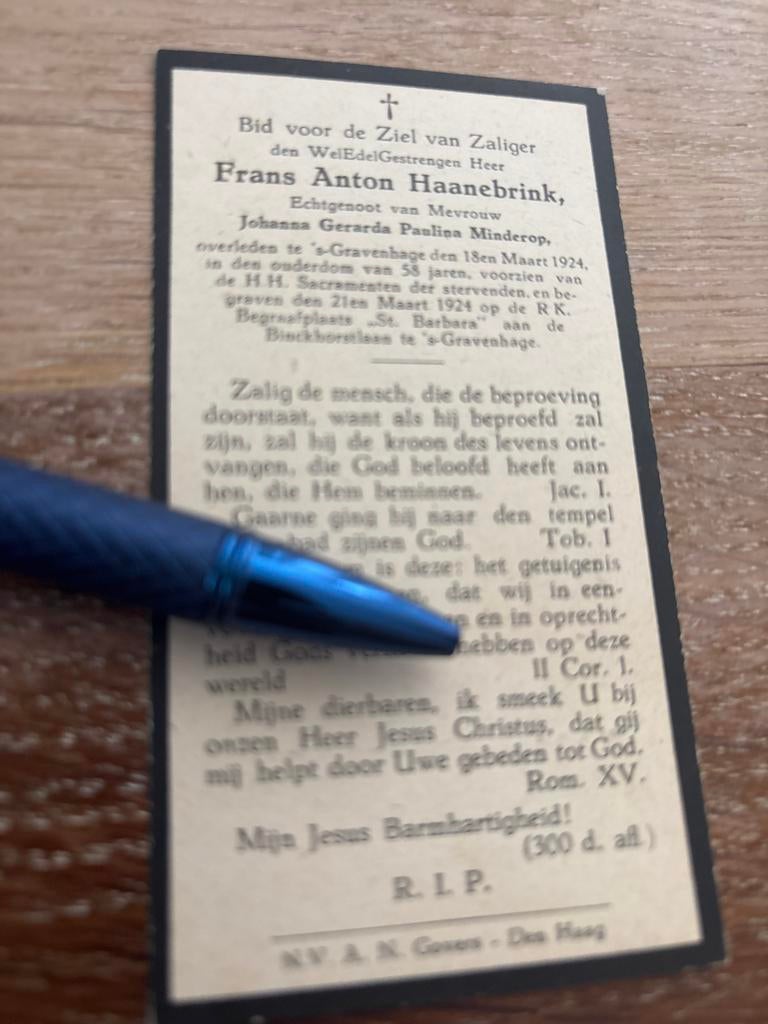 Haanebrink Frans 1924 Gravenhage x Mindcerop -, Ophalen of Verzenden, Bidprentje