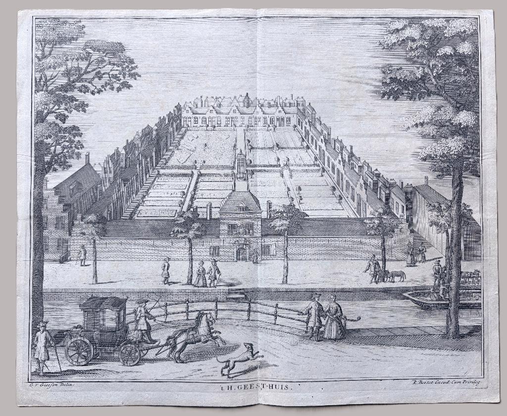 (ca. 1730) ’t H. Geest-Huis, Den Haag– Reinier Boitet, Antiek en Kunst, Verzenden, Stadsgezicht, 29 cm, 35 cm