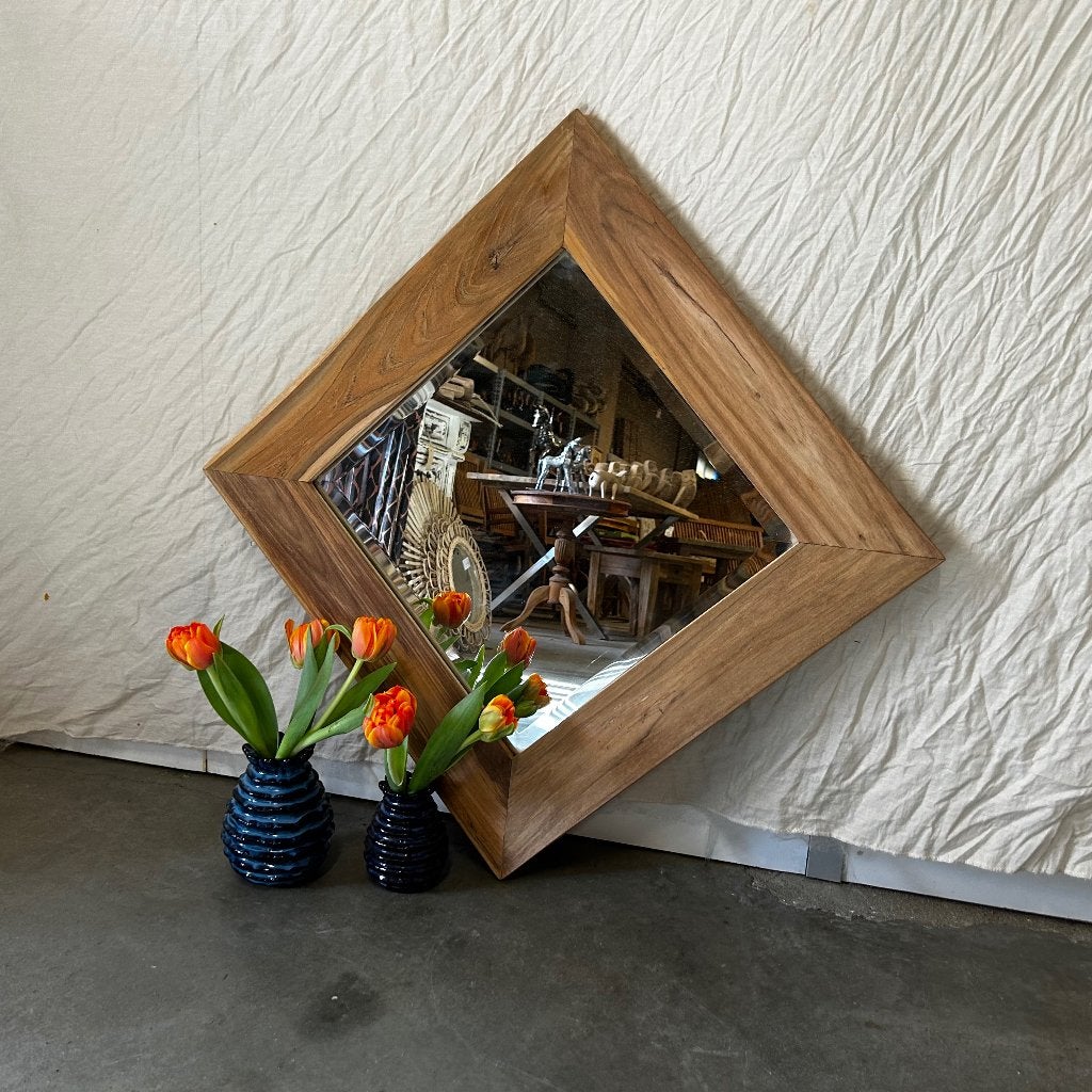 Spiegel facet met teak lijst 60 x 60 cm - Gratis bezorgd, TTM Wonen, Meubels – (Perzische) Tapijten en Woonaccessoires, Taag 63, 2491 CS, Den Haag (Forepark)