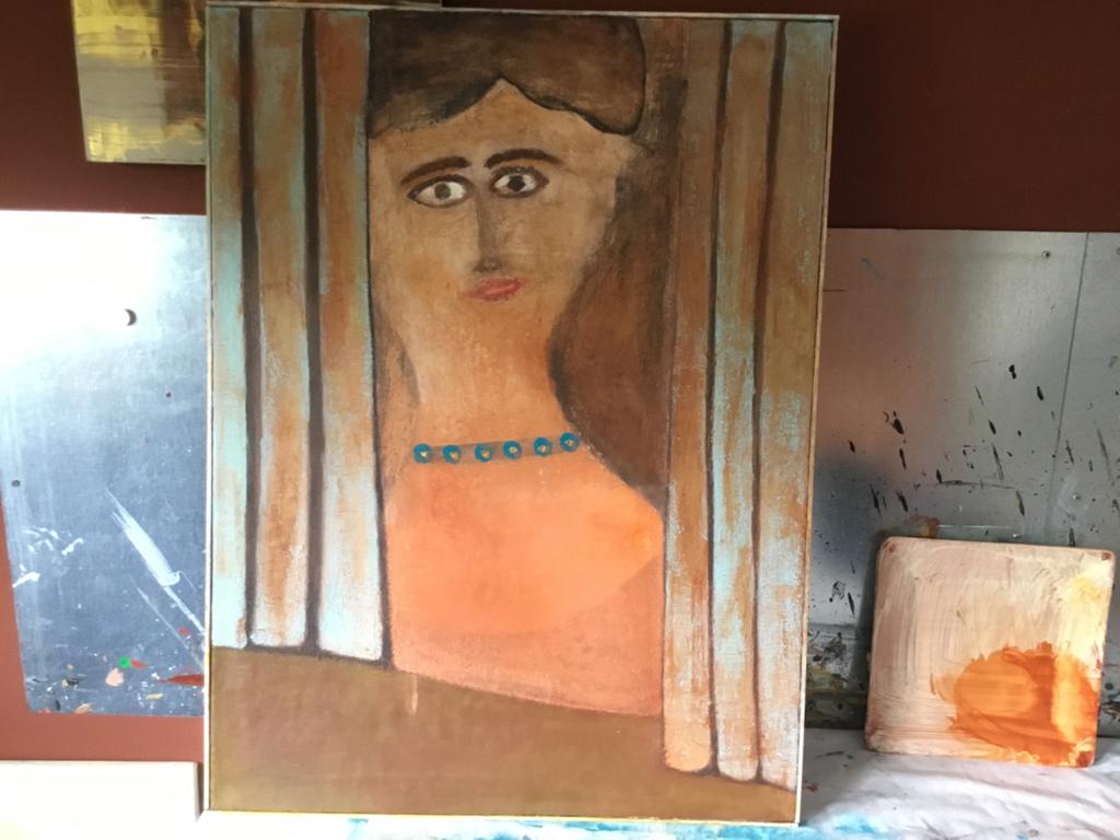 Schilderij op linnen VROUW 60x80 met houten randje, Ophalen of Verzenden