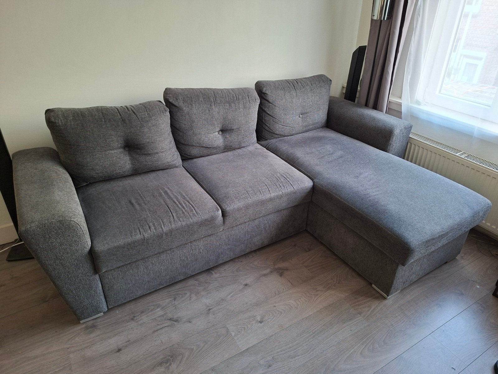 Grijze slaapbank met opbergruimte en chaise longue, Ophalen, Gebruikt, Tweepersoons, 200 tot 250 cm
