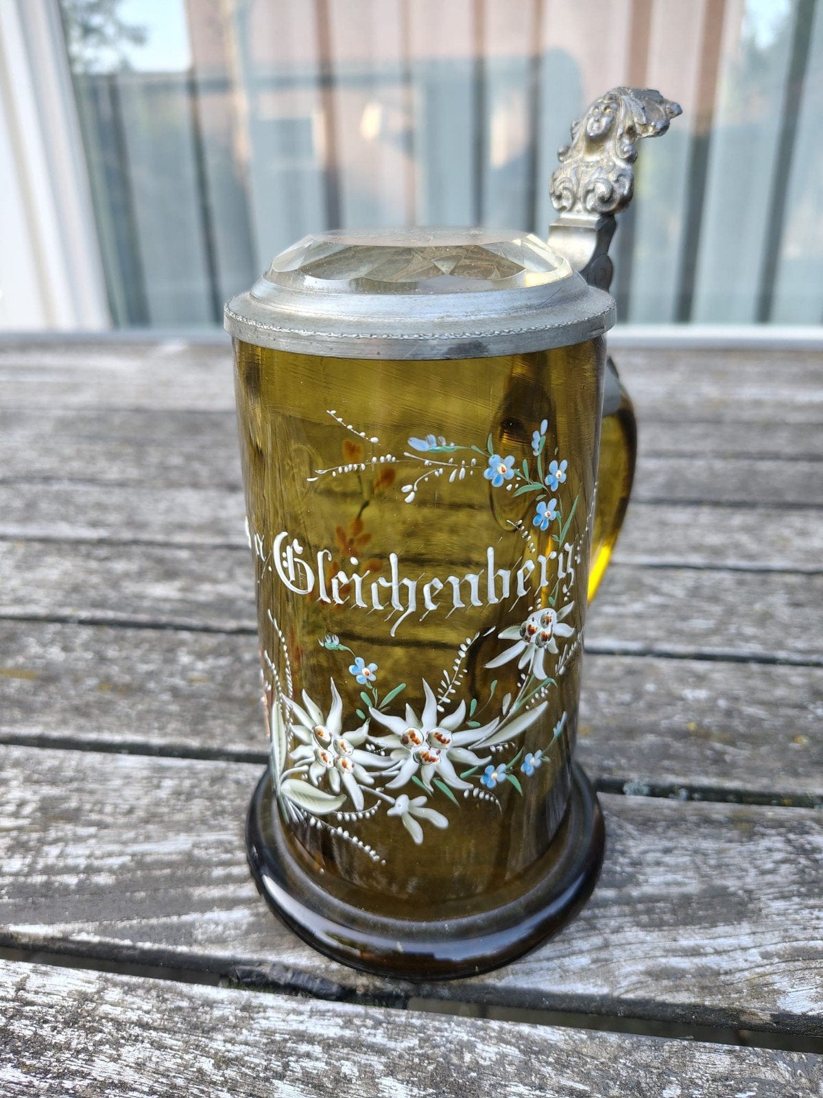 Antieke Glazen Bierpul 1896 met Tinnen Deksel - Edelweiss, Ophalen of Verzenden