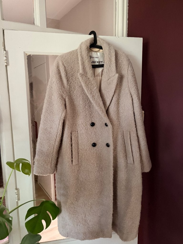 Wollen (teddy/boucle) dameswinterjas Giacomo, Beige, Maat 46/48 (XL) of groter, Ophalen of Verzenden, Zo goed als nieuw