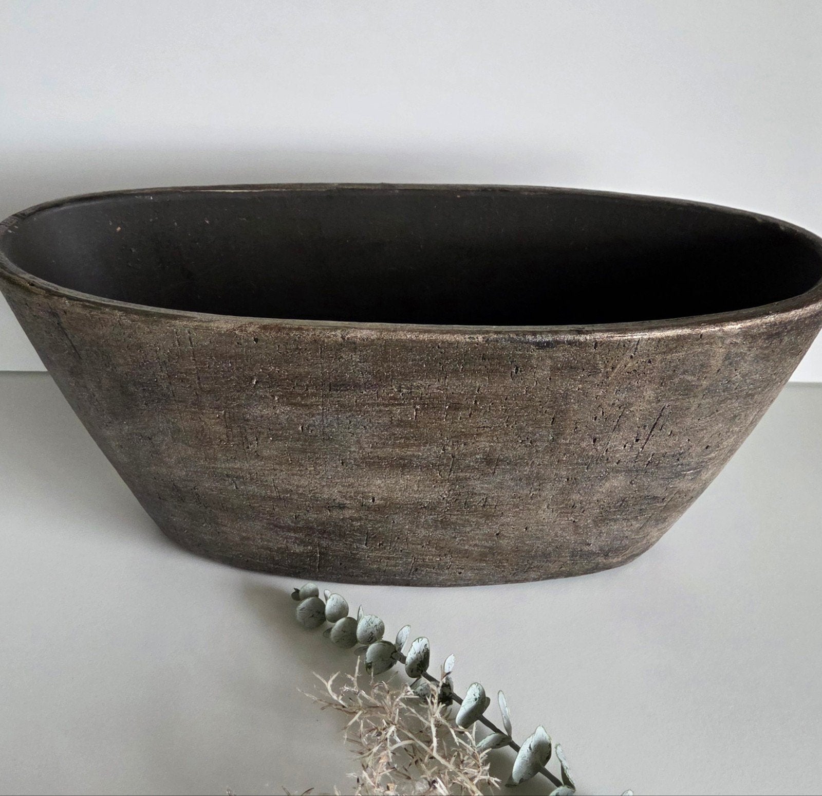 Keramische ovale bloempot bruin goud H:18cm B:42cm, Ophalen, Gebruikt, 40 cm of meer, Minder dan 40 cm
