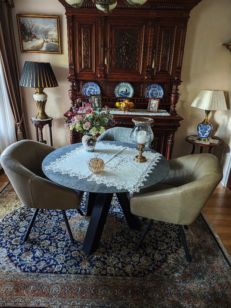 Ronde eettafel met 4 luxe stoelen 2 leren, 2 stoffen Zgn, Huis en Inrichting, Ophalen, 100 tot 150 cm, Rond, 50 tot 100 cm