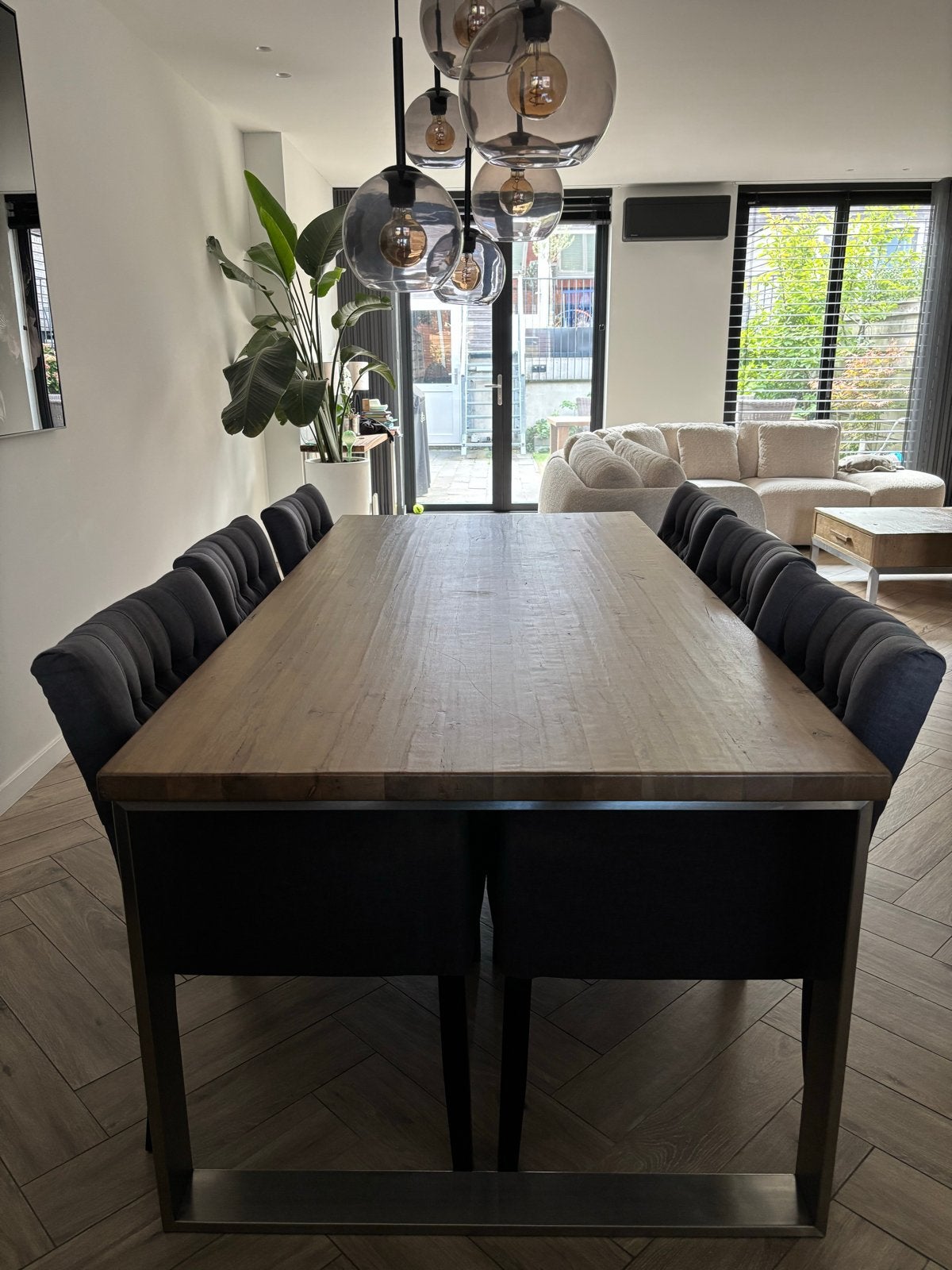 Eikenhouten eettafel met RVS onderstel, Huis en Inrichting, Ophalen, Eikenhout, 200 cm of meer, 50 tot 100 cm