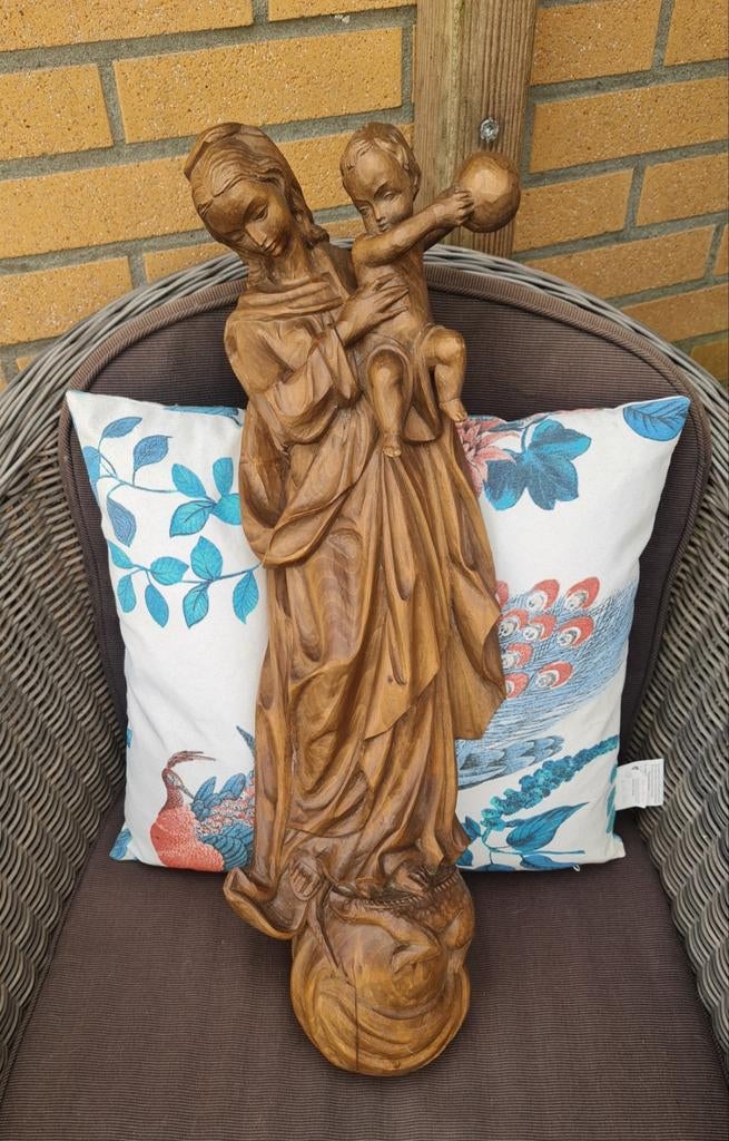 Grote (63cm) houten Maria met kindje Jezus, Handgemaakt, Beeld, Hout, Bruin