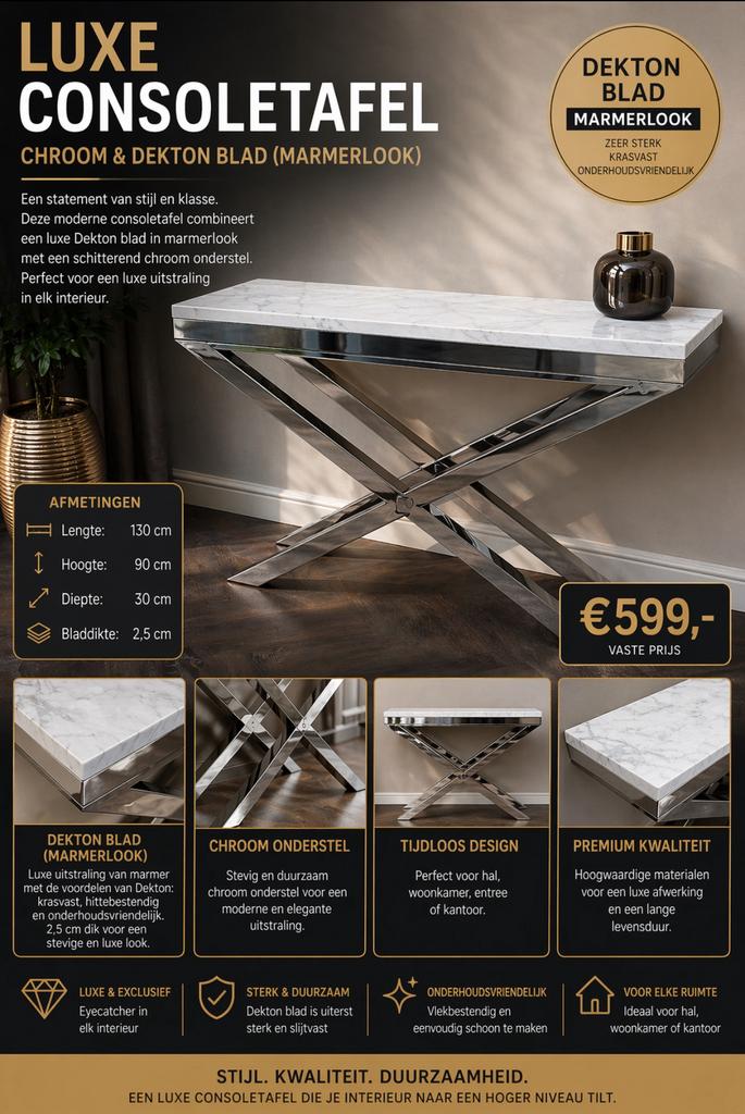 Luxe consoletafel – chroom & Dekton blad (marmerlook), Ophalen, Zo goed als nieuw, 100 tot 150 cm