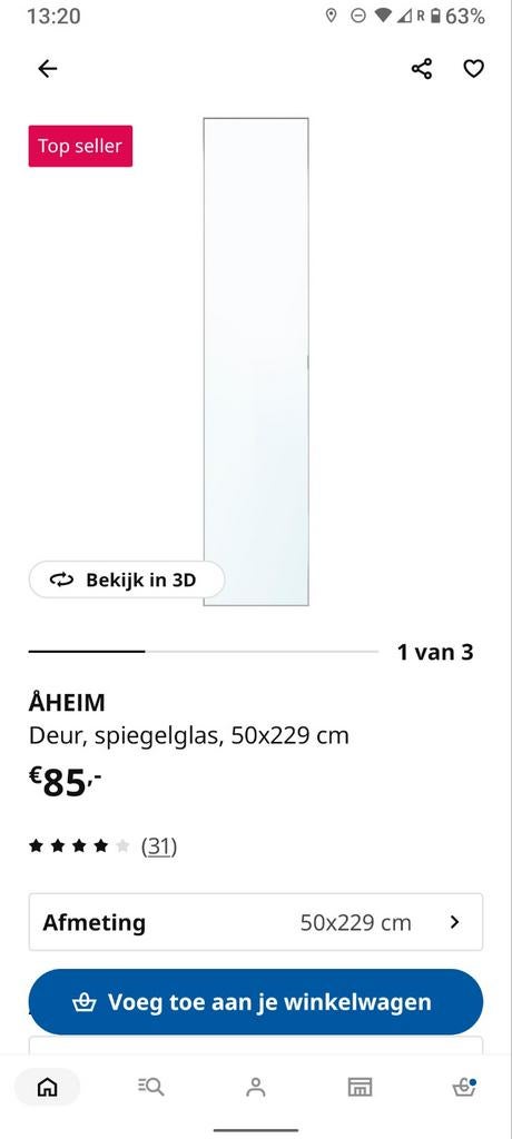 IKEA AHEIM Spiegeldeur 50x229 cm - Zo goed als nieuw, Minder dan 50 cm, 200 cm of meer, Ophalen of Verzenden, Minder dan 25 cm
