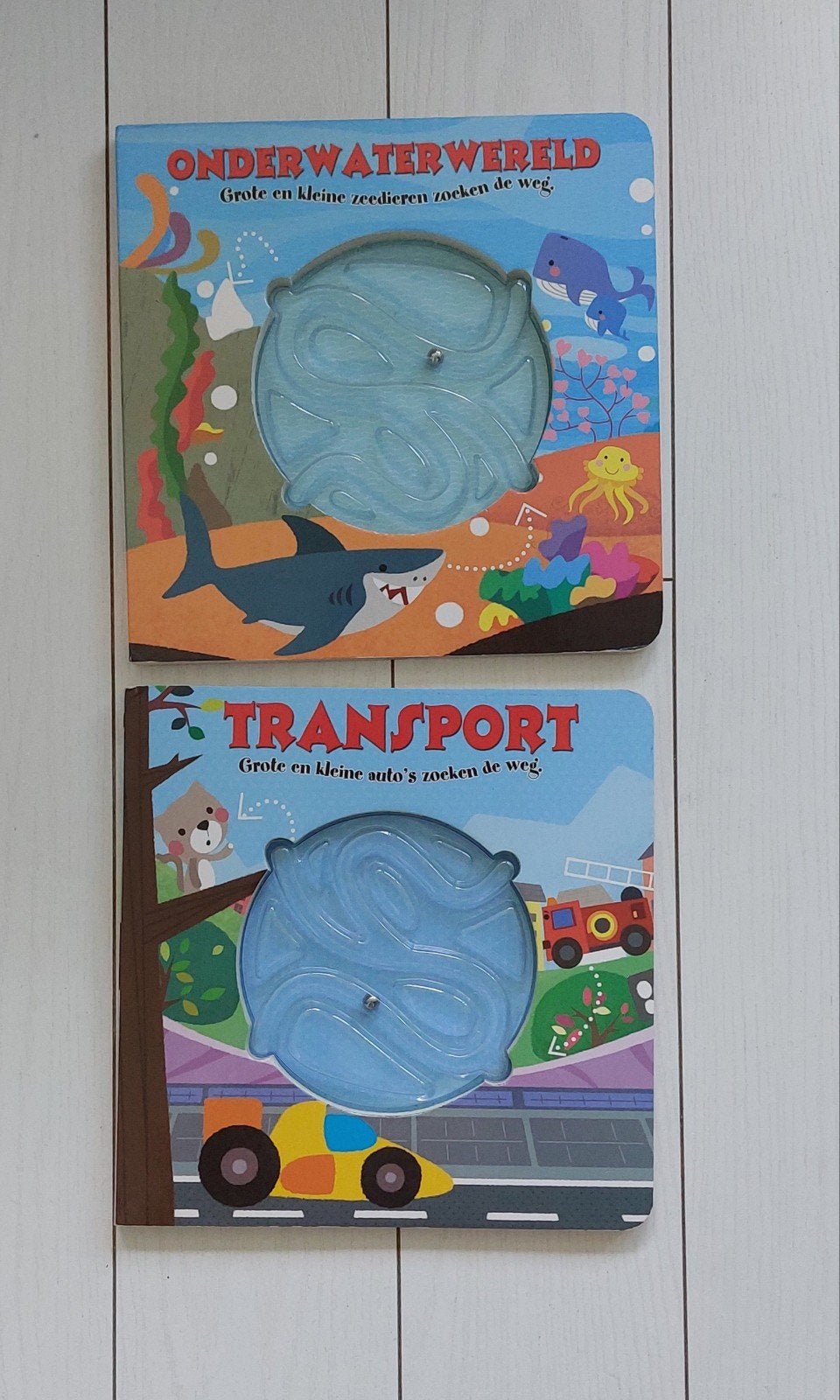 2x Doolhofboekje met balletje: Onderwaterwereld & Transport, Boeken, Kinderboeken | Kleuters, Zo goed als nieuw, Fictie algemeen