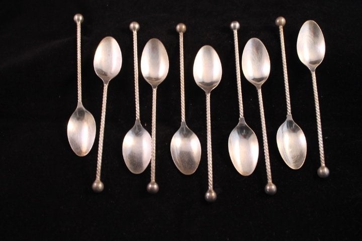 Set 10 Vintage Verzilverde DE Lepeltjes (Getorste steel), Ophalen of Verzenden