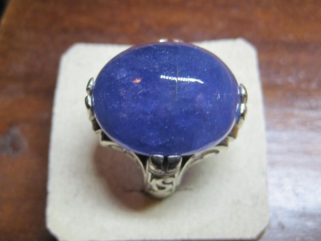 Tanzanite 35 karaat %100natuurlijk groot design zilver ring, Ophalen, Blauw, 19 tot 20, Zo goed als nieuw