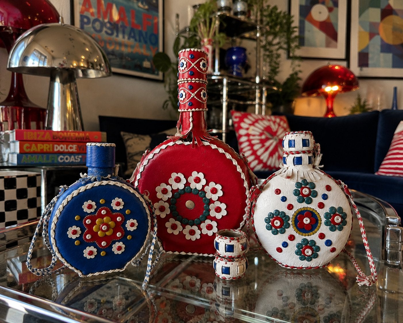 Set van 3 vintage folk art drankflessen | leer | Joegoslavië, Ophalen of Verzenden