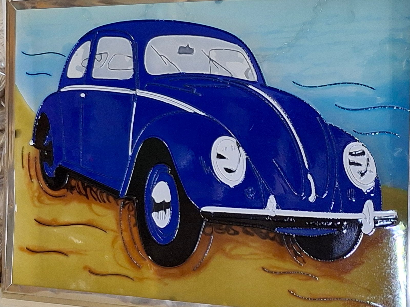Glazen raamhanger met blauwe Kever, Vintage, Gebruikt, Blauw, Verzenden