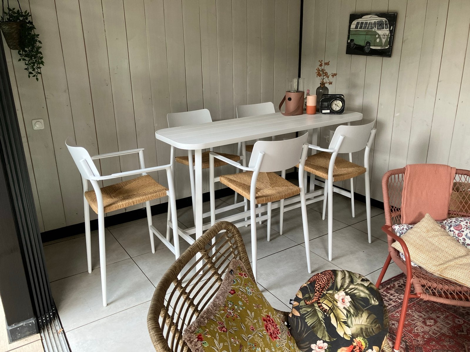 Bellagio Cino barset 175cm met 5 stapelbare barstoelen, Ophalen, Zo goed als nieuw, Rechthoekig, Aluminium