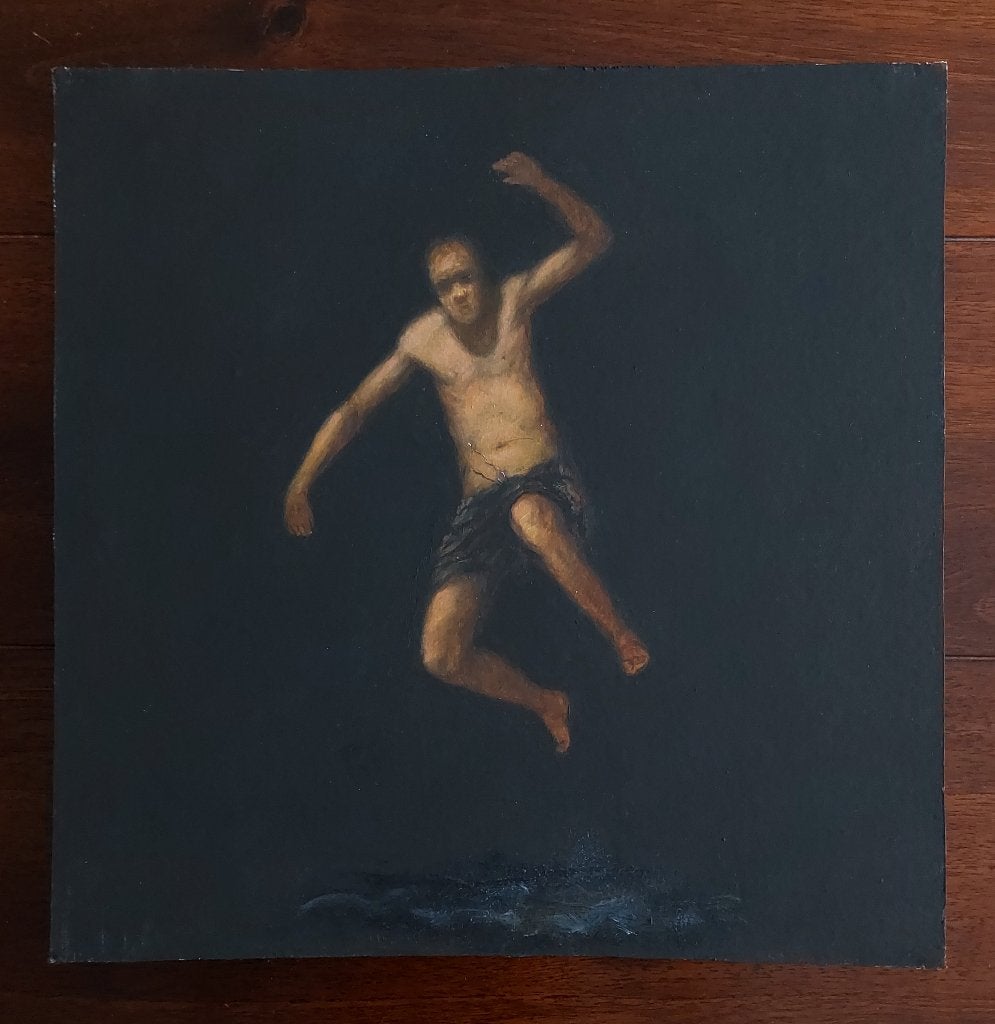 Schilderijtje van Springende Man in het Water - Olieverf, Paneel, Portret of Personen, Realistisch, Ophalen of Verzenden