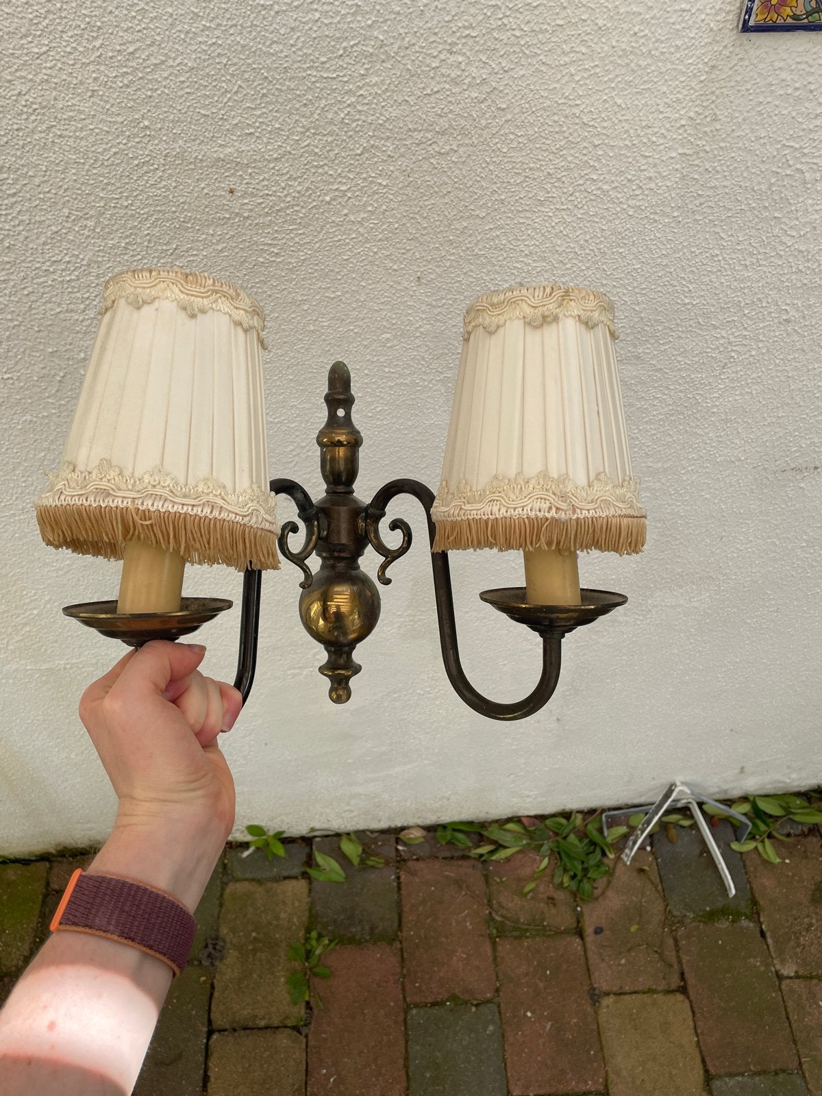 Vintage messing wandlamp met twee kappen, Ophalen