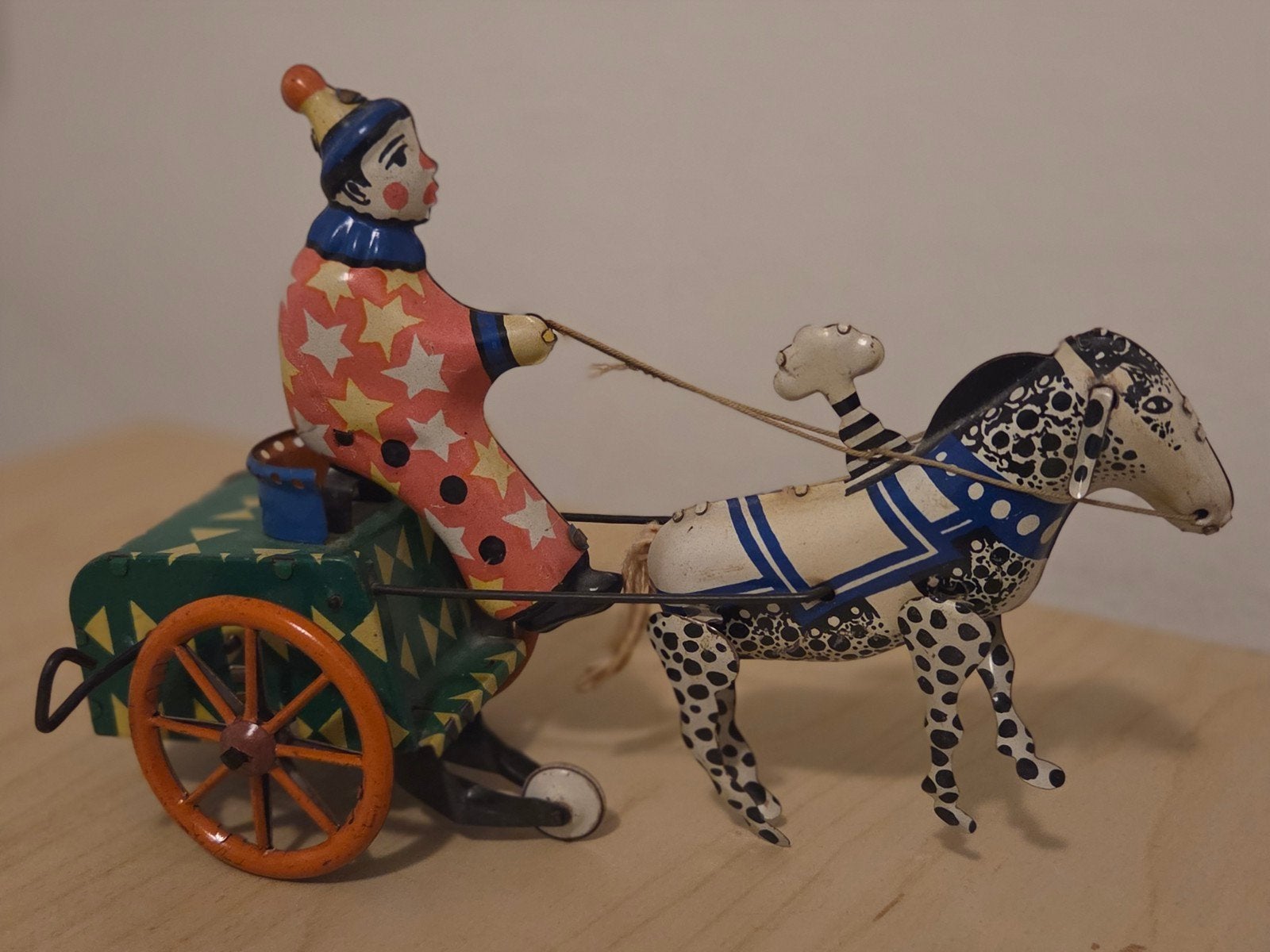 Antieke blikken clown met paard en wagen, Antiek en Kunst, Ophalen of Verzenden