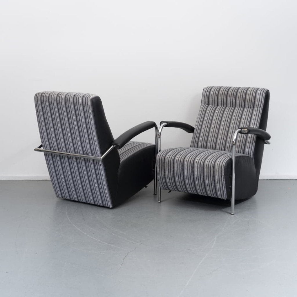 Leolux Scylla Hoog Fauteuil Grijs/Zwart Gestreept Stof, Huis en Inrichting, Fauteuils, Niet ingevuld, Zo goed als nieuw, Niet ingevuld