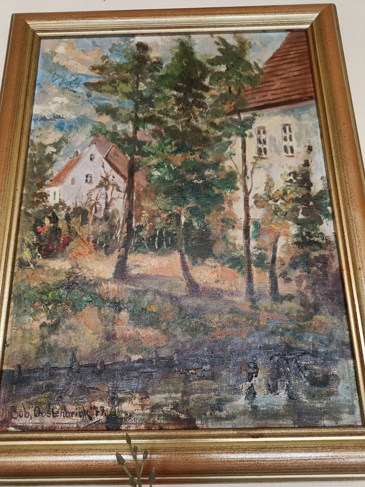 Olieverfschilderij Landschap met Huizen en Bomen, Ophalen, Gesigneerd