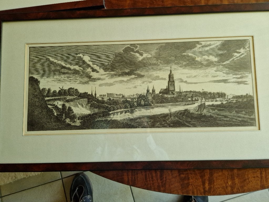 Ets - Arnhem, kopergravure van 'De Stad Arnhem', Ingelijst, 70 cm, Architectuur, Ophalen of Verzenden