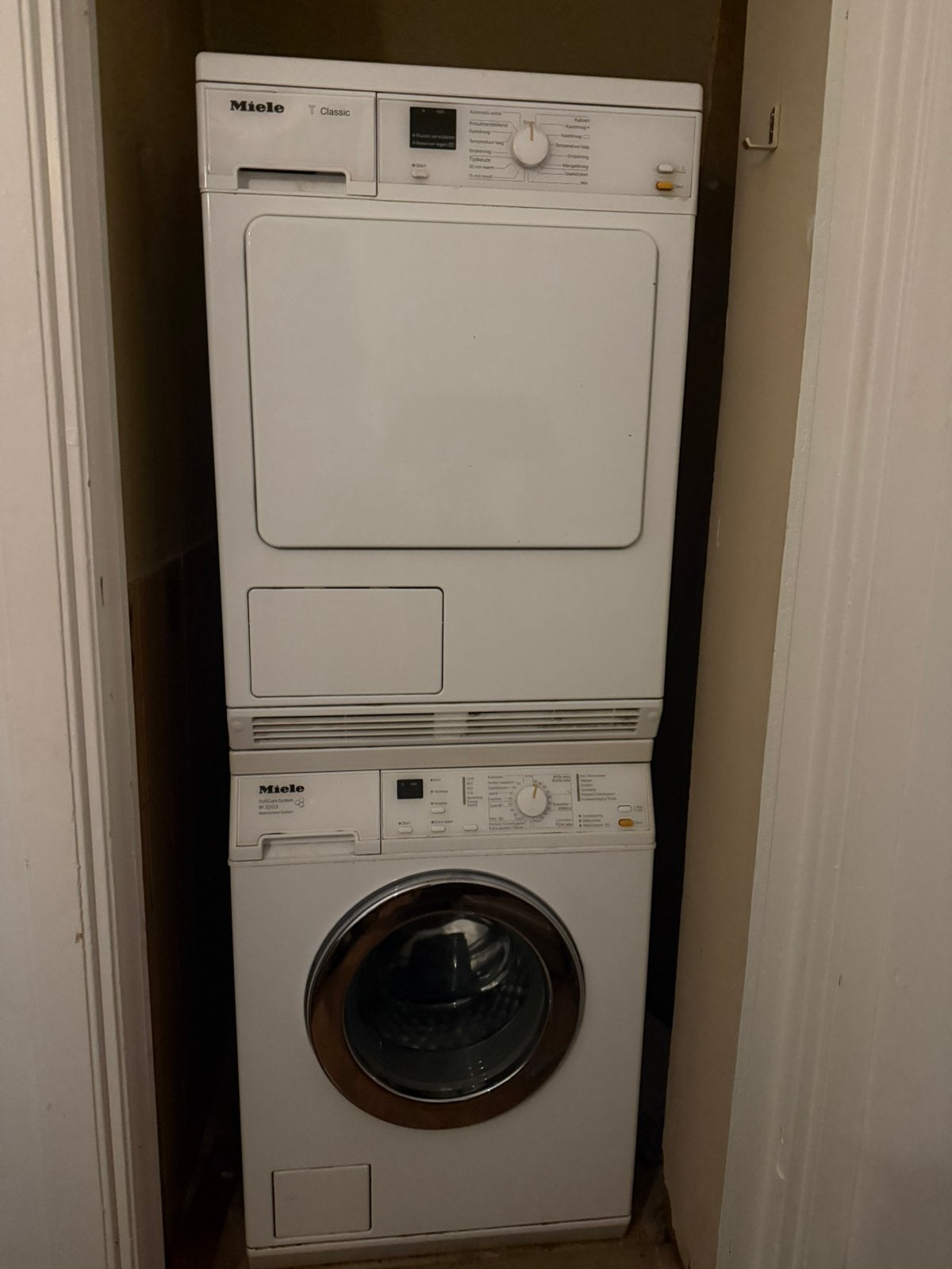 Miele wasmachine W3203 + Miele droger TDA140C | Set | €150, Ophalen, Gebruikt, 85 tot 90 cm
