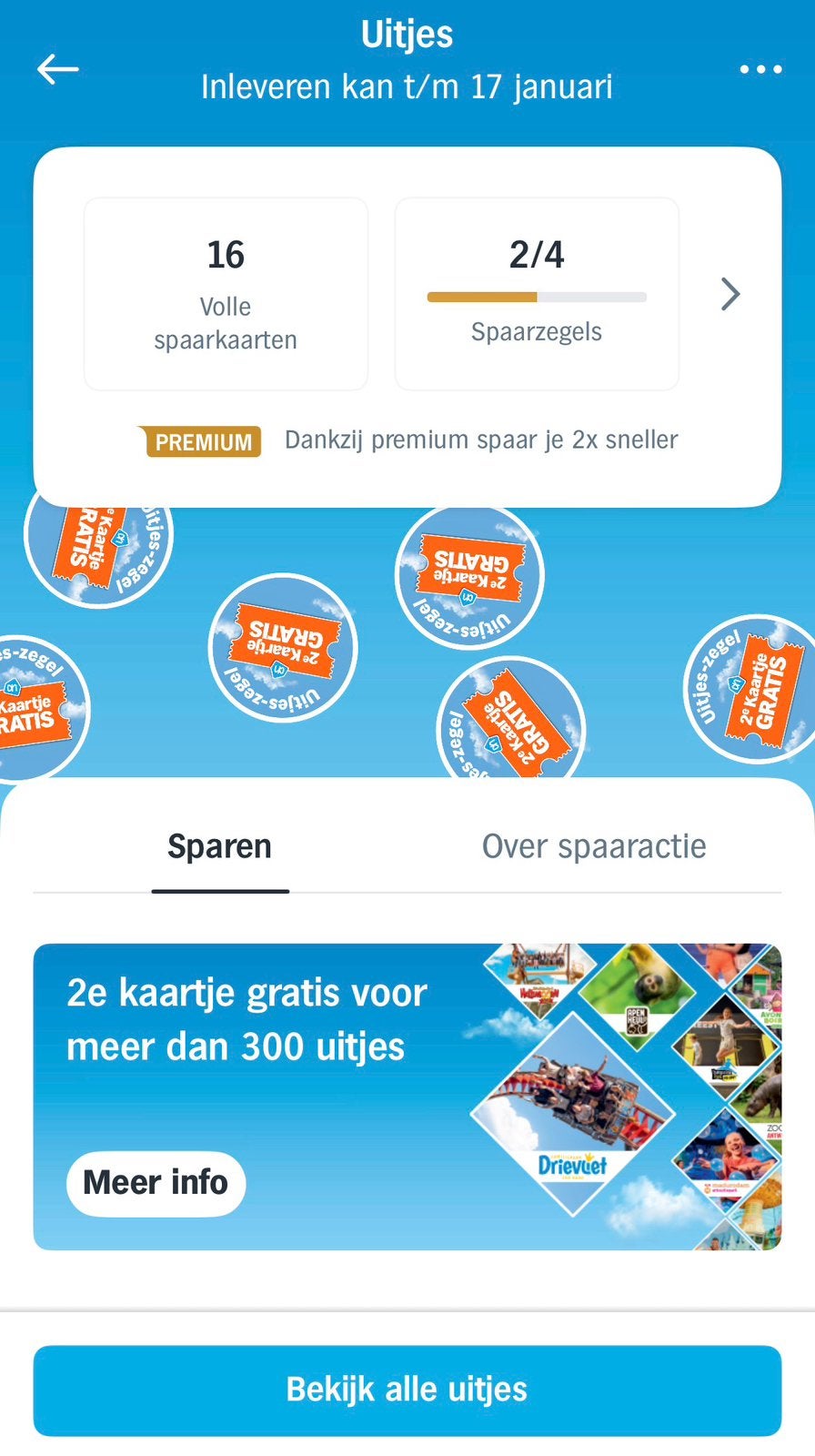 16x spaarkaarten AH uitjeszegels voor 2e kaartje gratis, Drie personen of meer, Kortingsbon