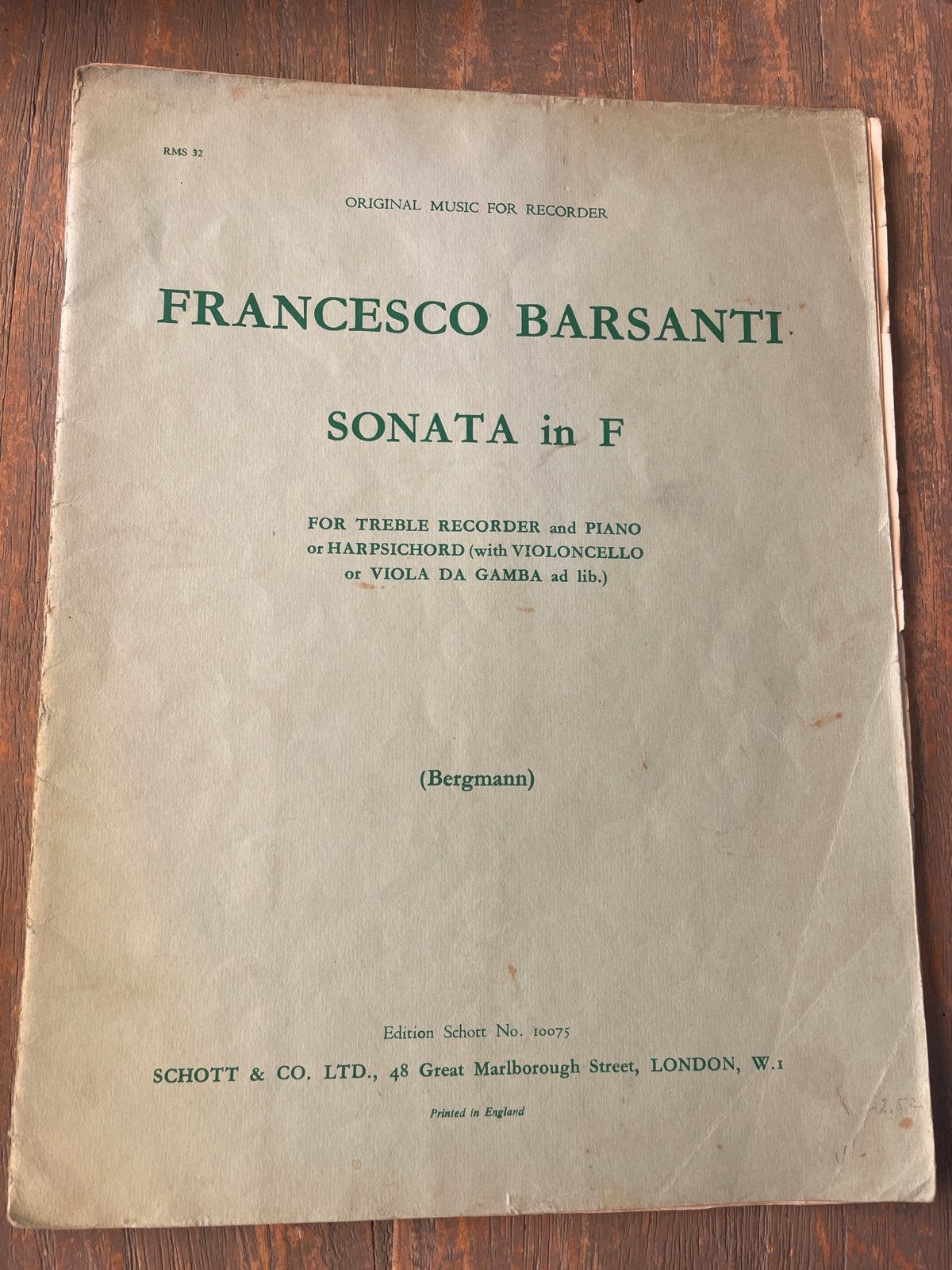 Francesco Barsanti Sonate in F voor blokfluit en piano, Gebruikt, Klassiek, Ophalen of Verzenden, Blokfluit