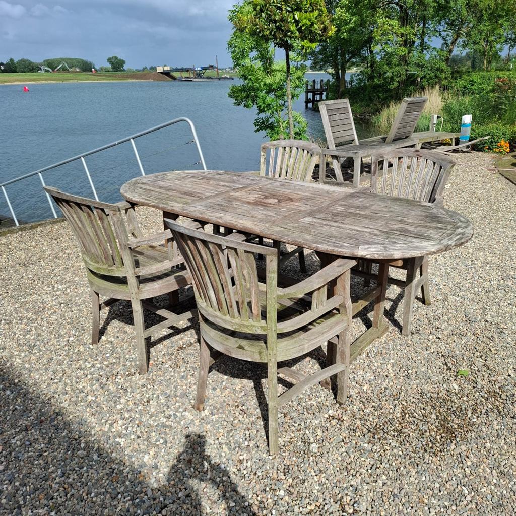 Teakhout Tuintafel met 4 stoelen, Ophalen, 4 zitplaatsen, Gebruikt, Teakhout