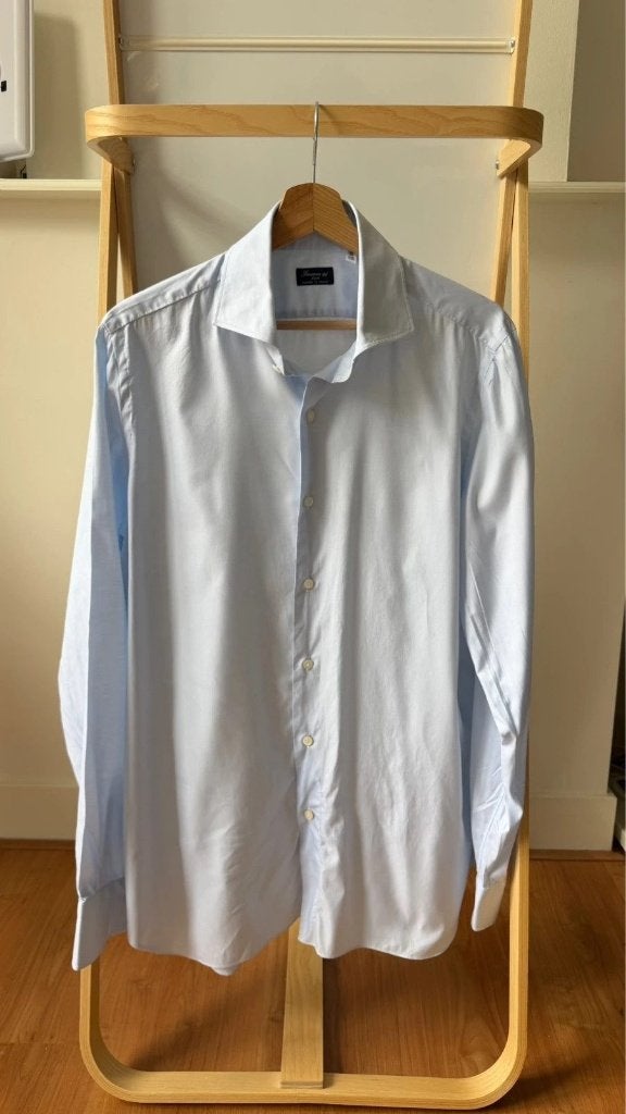 Finamore 1925 Lichtblauw Katoenen Overhemd Maat 43, Finamore 1925 Napoli, Zo goed als nieuw, Halswijdte 43/44 (XL), Verzenden