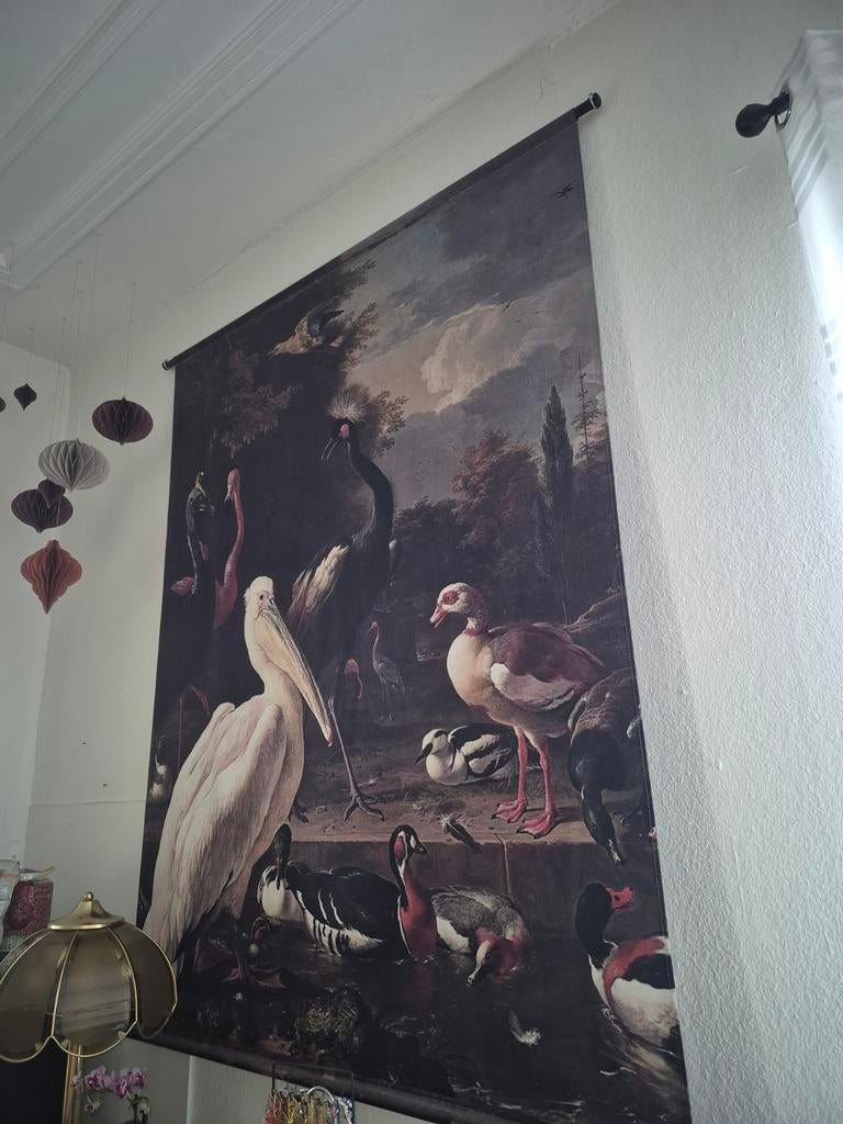 Groot wandkleed met vogels - Vintage stijl, Gebruikt, Ophalen of Verzenden, Met ophangsysteem, Meerkleurig
