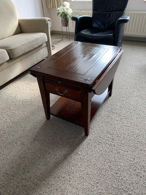Mooie uitklapbare eikenhouten salontafel met lade, Ophalen, 50 – 75, Gebruikt, 50 tot 100 cm