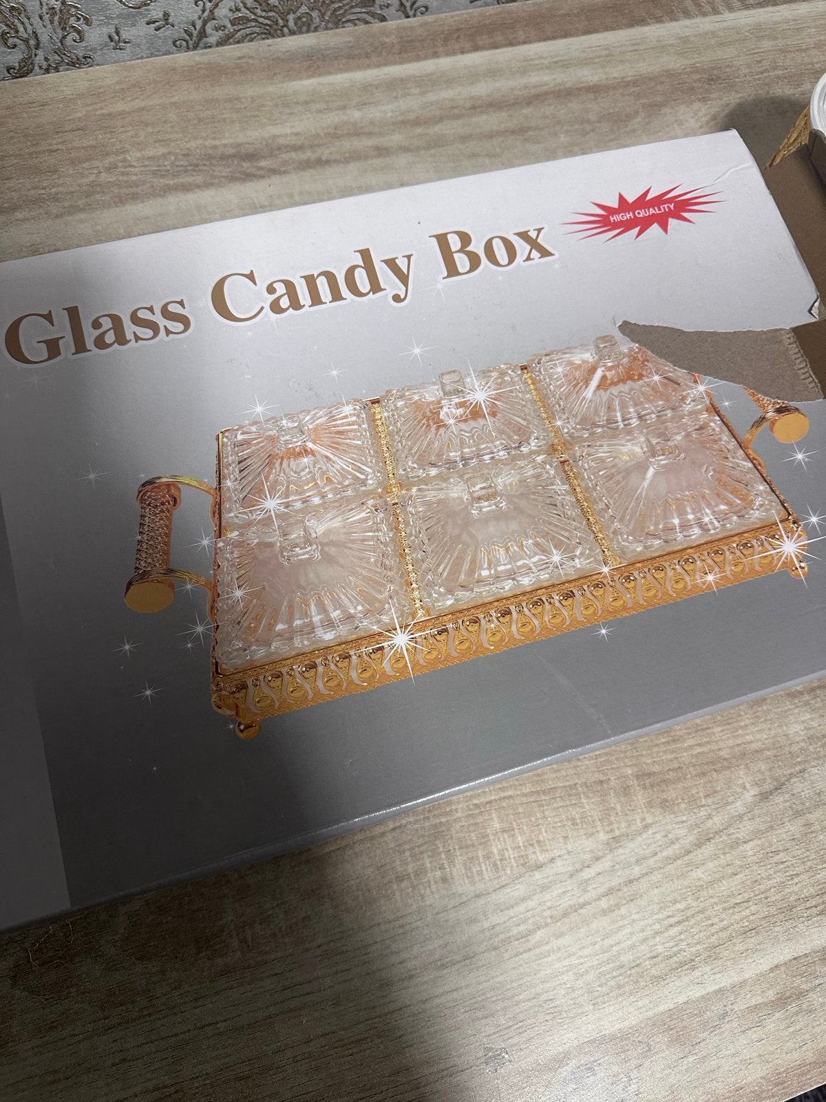 Glazen Snoepdoos met Gouden Dienblad - Hoge Kwaliteit, Ophalen of Verzenden, Nieuw, Goud, Glas