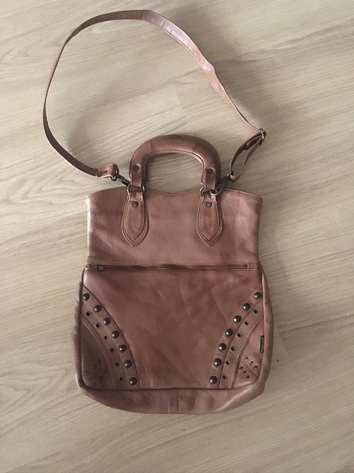 Cognac tas studs bruine neplederen tassen schoudertas bruin, Verzenden, Zo goed als nieuw, Bruin, Handtas