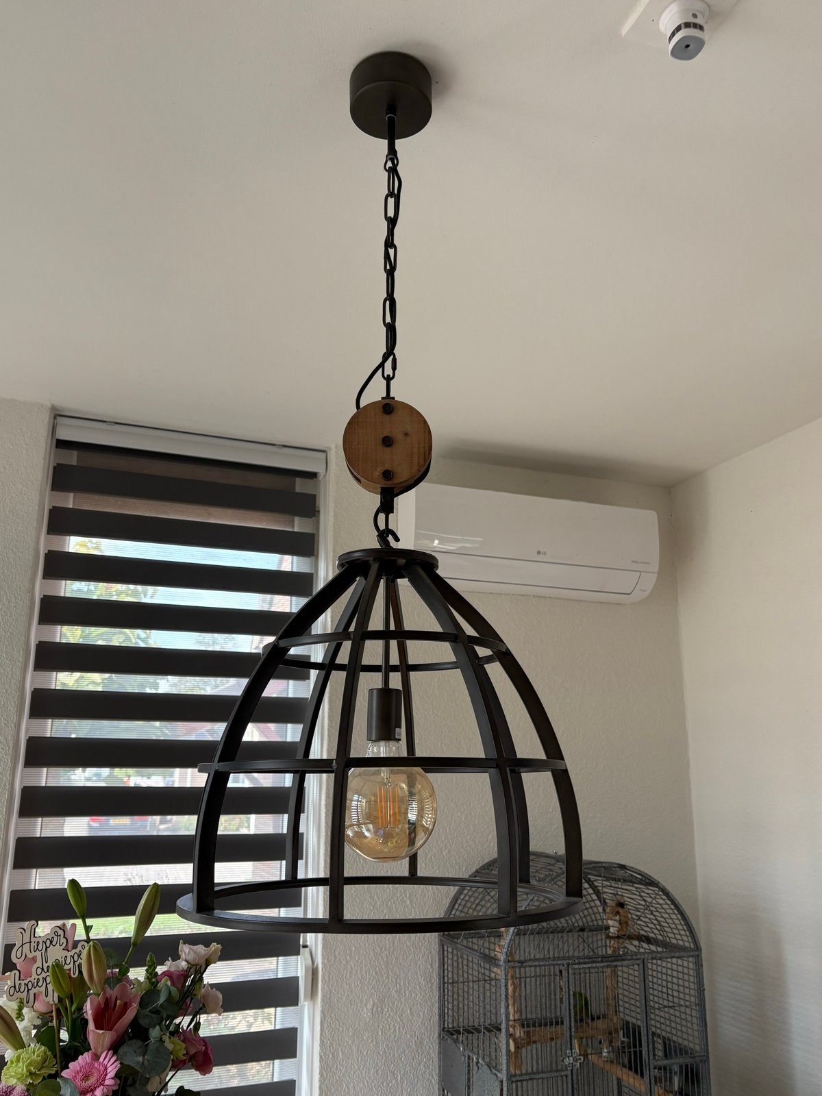 Hanglamp Aperto 47cm - Zwart staal met houten katrol, Ophalen, Zo goed als nieuw, Metaal, E27 (groot)