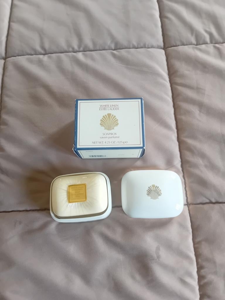 Vintage estee lauder white linen zeepdoos set 125 gram, Ophalen of Verzenden, Nieuw, Bad & Douche
