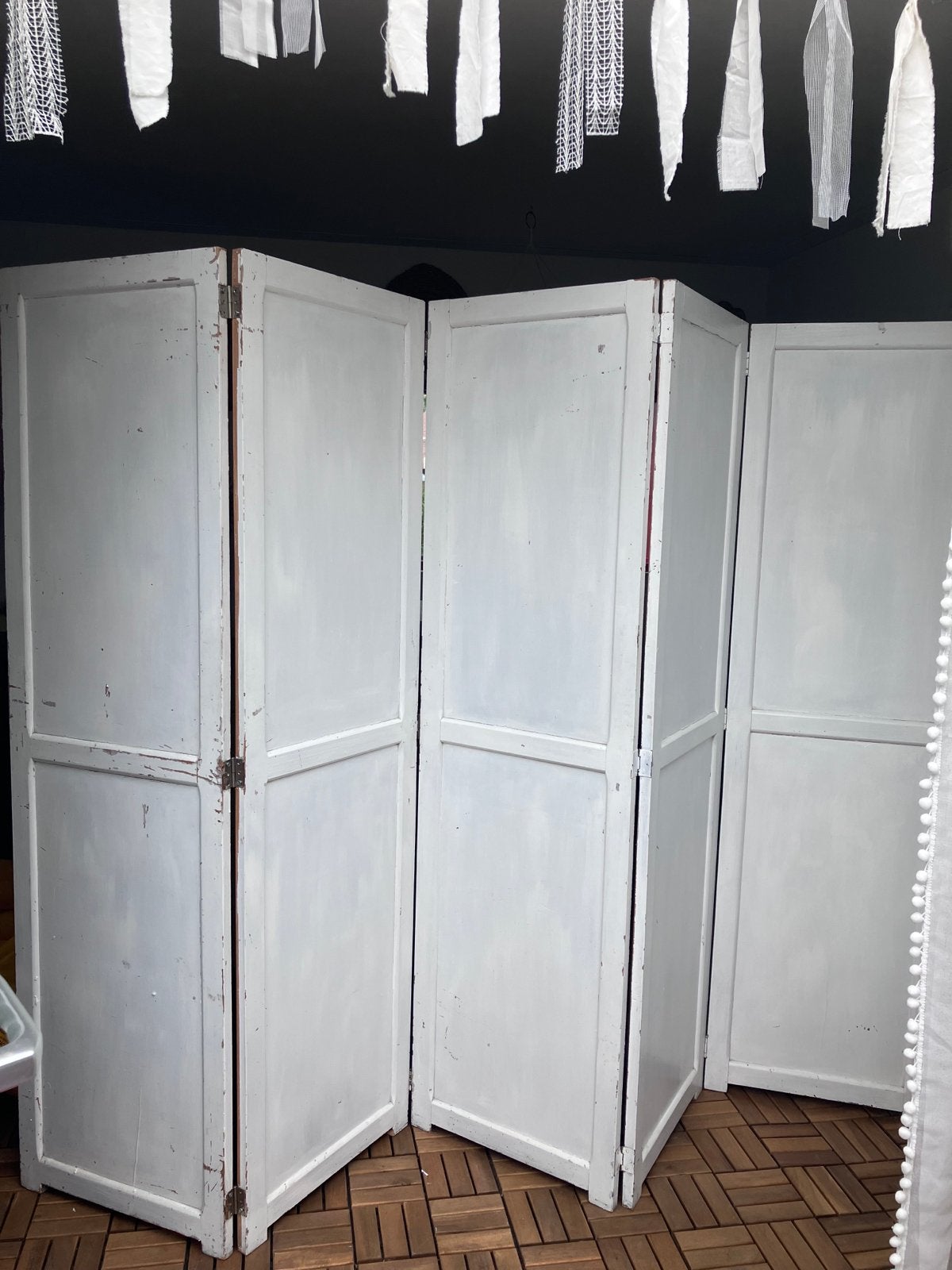 Vintage houten kamerscherm - crème wit/houtkleur roomdivider, Ophalen, Gebruikt