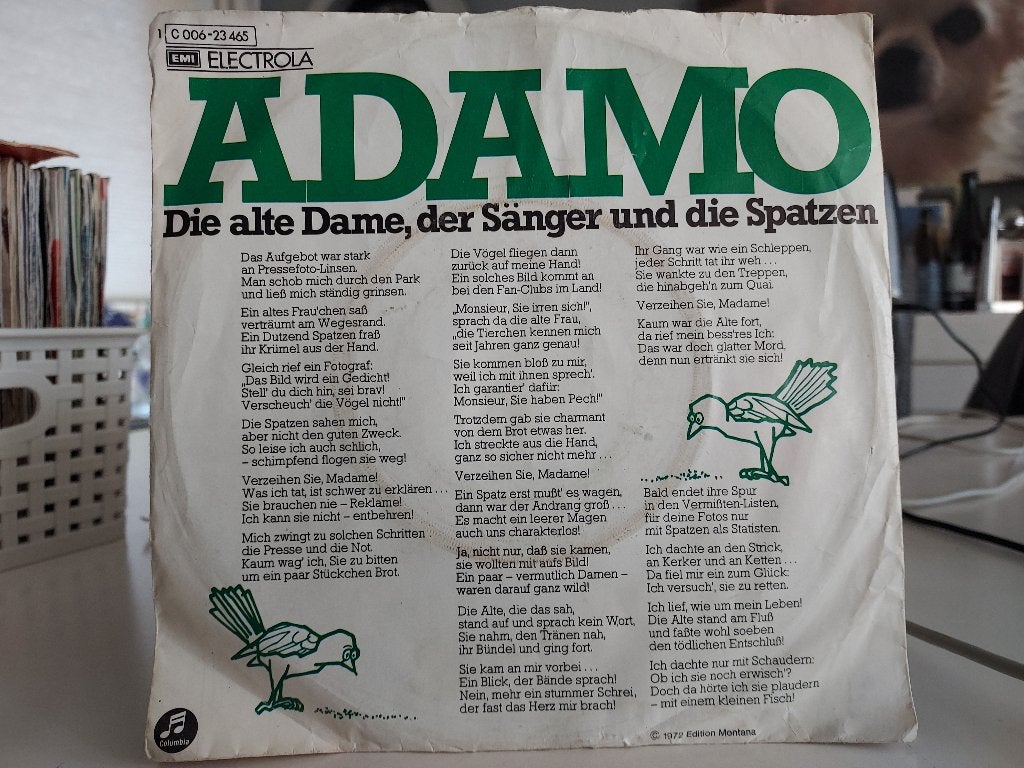 7" Single Adamo - Die Alte Dame, Der Sänger Und Die Spatzen, Cd's en Dvd's, Vinyl Singles, Gebruikt, Pop, Overige typen, 7 inch