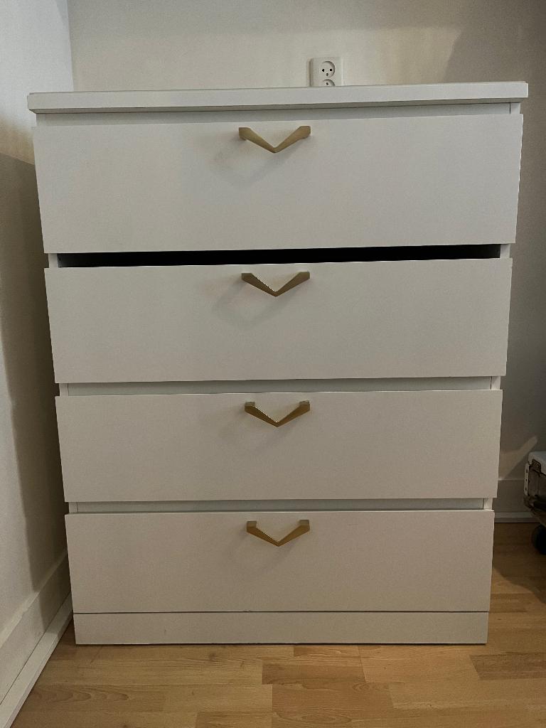 Ikea ladekast met gouden greepjes  + Glasplaat (Malm), Ophalen, Gebruikt, 50 tot 100 cm, 3 of 4 laden