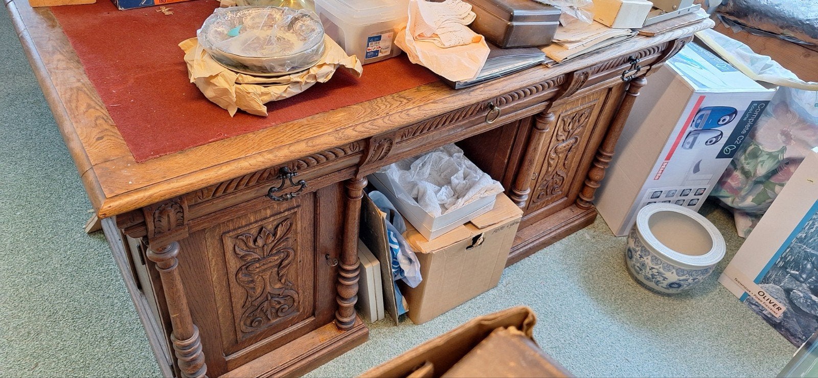 Antiek Eiken Bureau met rode stoffen Inleg - 3 Delen, Antiek en Kunst, Ophalen