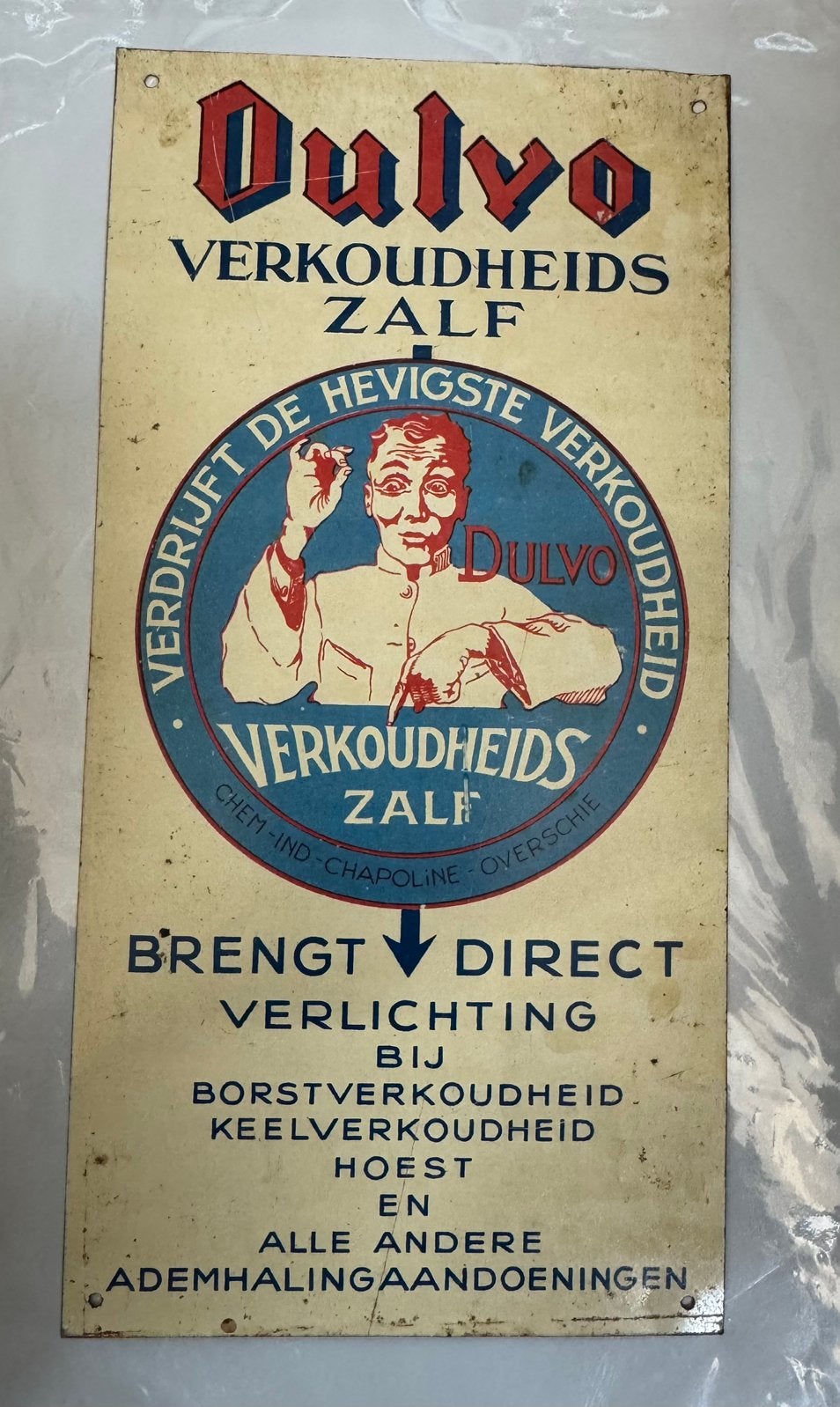 Oud reklame bordje verkoudheidszalf, Verzamelen, Ophalen of Verzenden, Gebruikt, Reclamebord