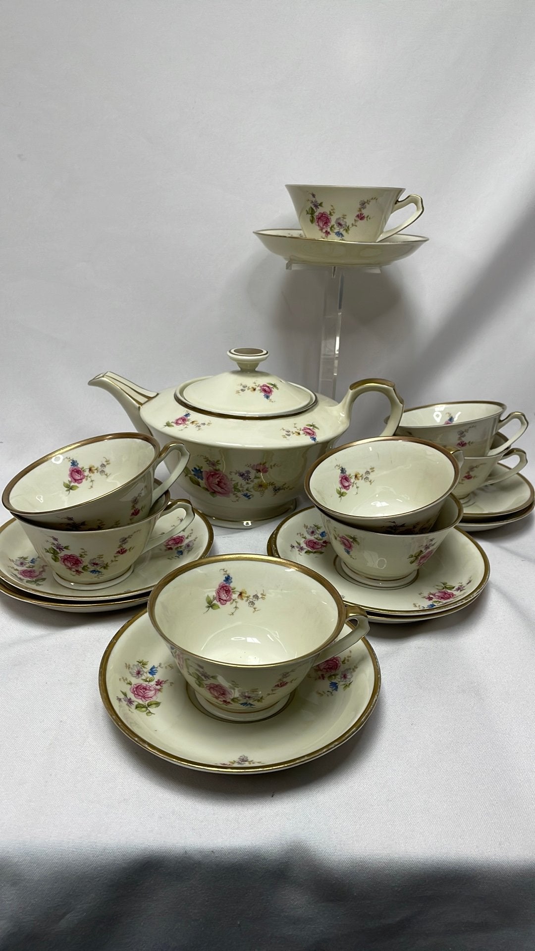 Antiek theeservies 8 persoons met roosmotief 1930-1945, Antiek en Kunst, Ophalen of Verzenden