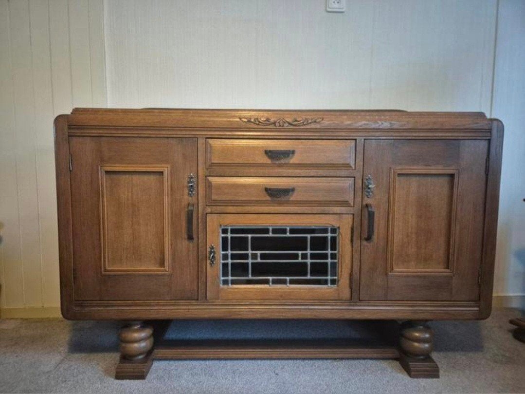 Vintage dressoir met glas in loodraam, Gebruikt, Overige houtsoorten, 50 tot 75 cm, Ophalen