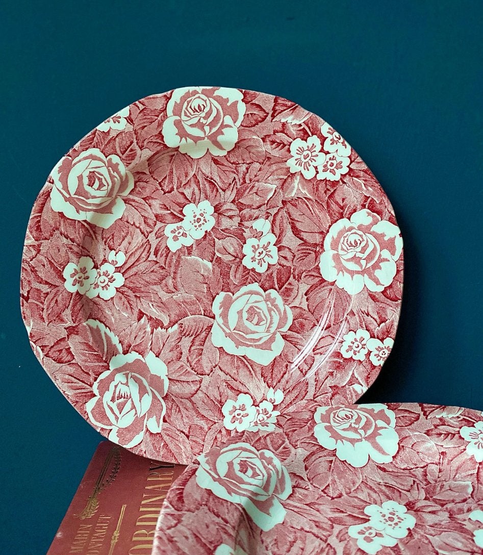 Burleigh Victorian Chintz roze set 4 vintage diner borden, Ophalen of Verzenden, Zo goed als nieuw, Overige stijlen, Bord(en)