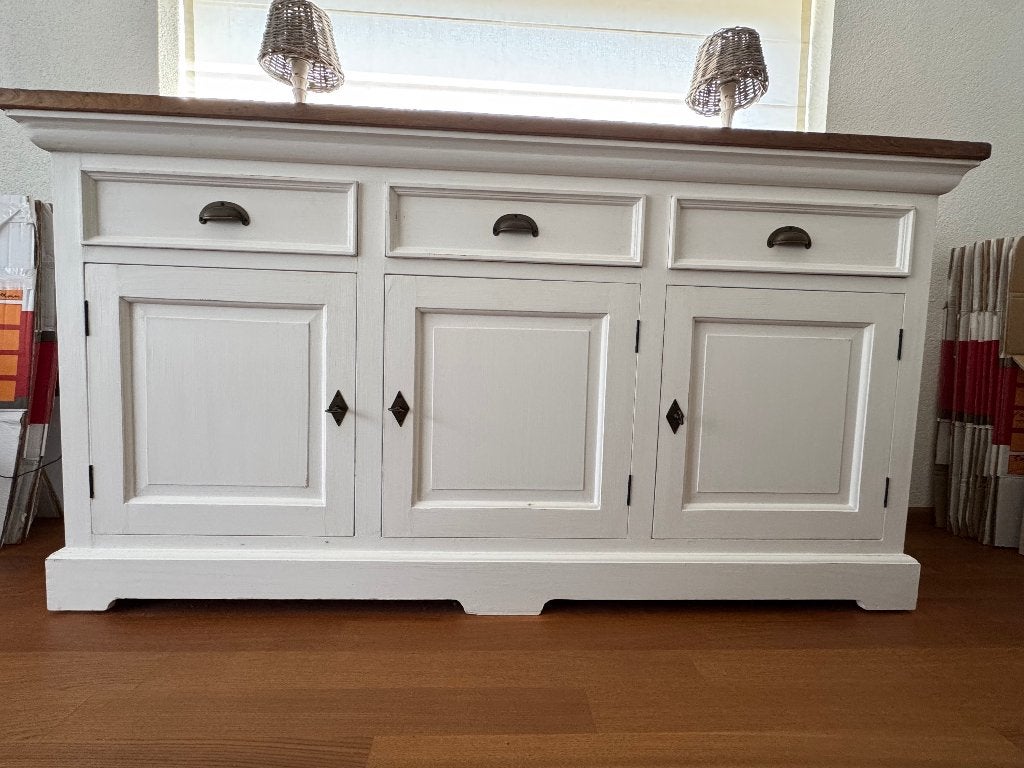 Dressoir landelijke stijl in kleur wit met teak houten blad, Ophalen, Gebruikt, Met deur(en), 150 tot 200 cm
