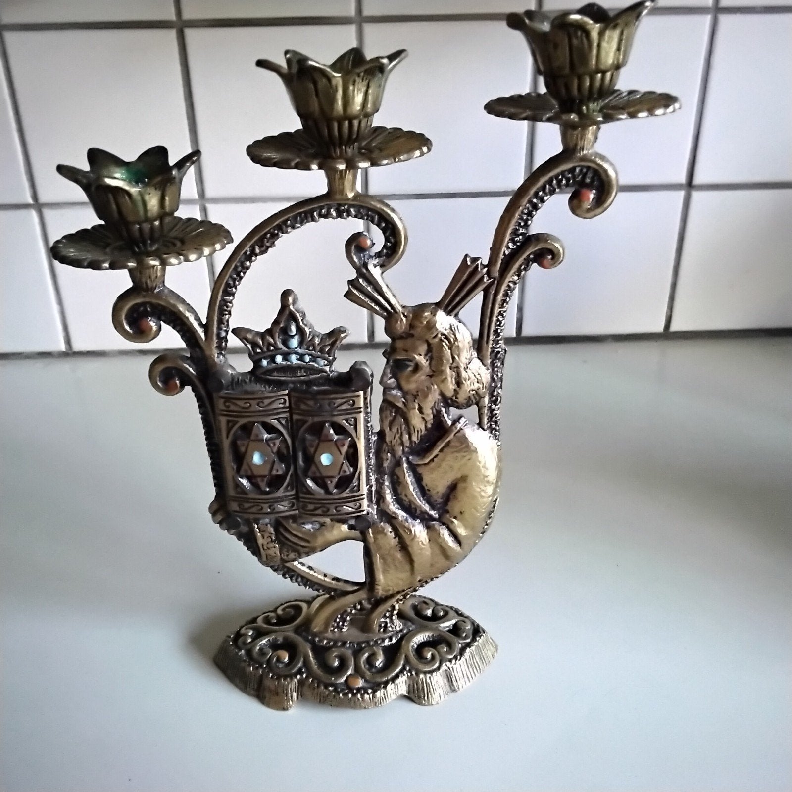 Zeer byzondere  Joodse 3 pits kandelaar, Antiek en Kunst, Antiek | Religie, Ophalen of Verzenden